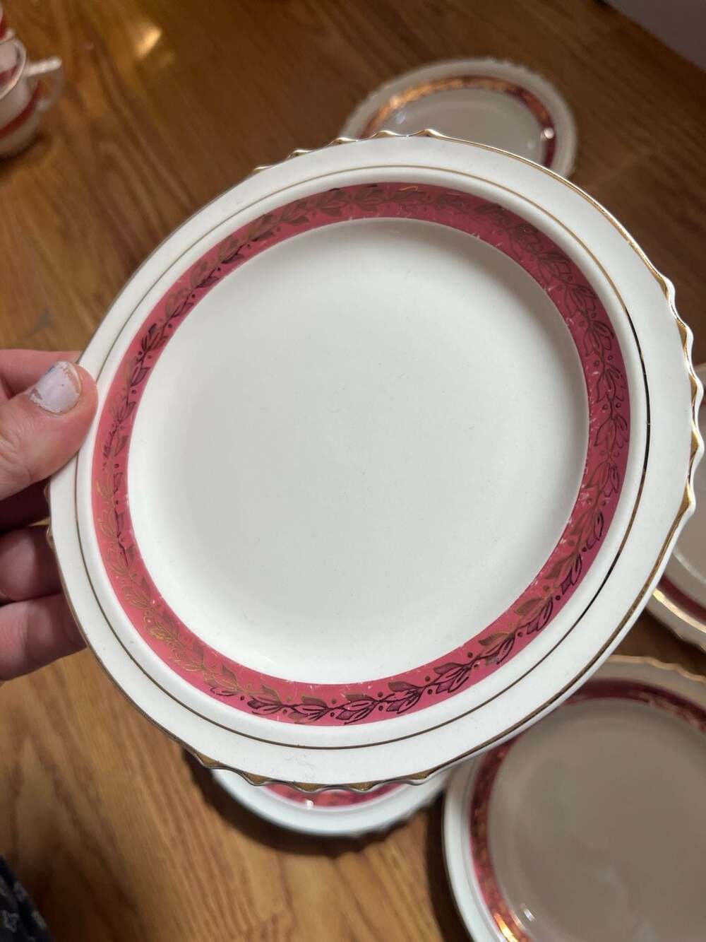 The French Saxon China Co Plate Set 6.5 Inch Pink Gold Trim